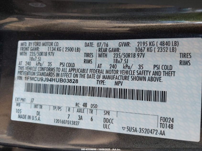 2017 Ford Escape Titanium VIN: 1FMCU9J94HUB03828 Lot: 43336898