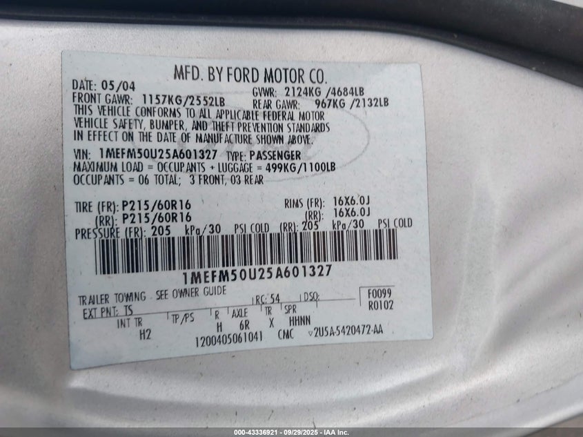 2005 Mercury Sable Gs VIN: 1MEFM50U25A601327 Lot: 43336921