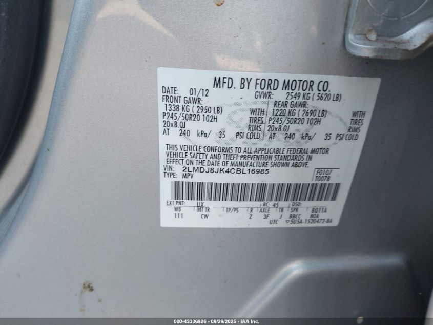 2012 Lincoln Mkx VIN: 2LMDJ8JK4CBL16985 Lot: 43336926