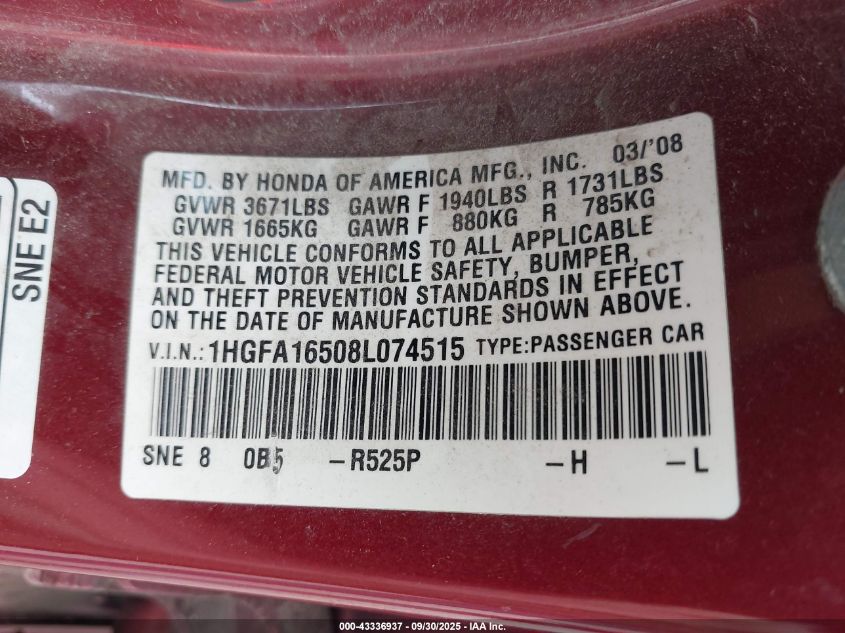 2008 Honda Civic Lx VIN: 1HGFA16508L074515 Lot: 43336937