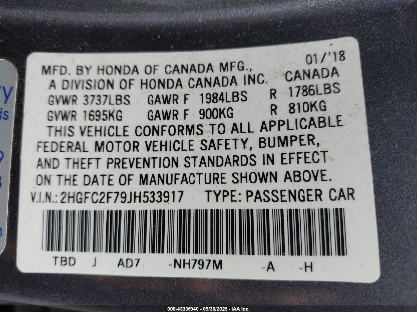 2018 Honda Civic Ex VIN: 2HGFC2F79JH533917 Lot: 43336940