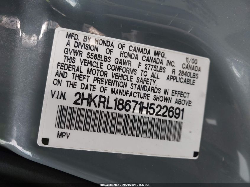 2001 Honda Odyssey Ex VIN: 2HKRL18671H522691 Lot: 43336943