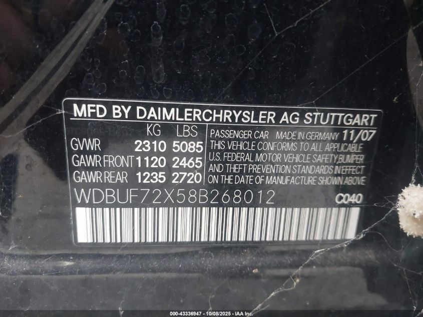 2008 Mercedes-Benz E 550 VIN: WDBUF72X58B268012 Lot: 43336947