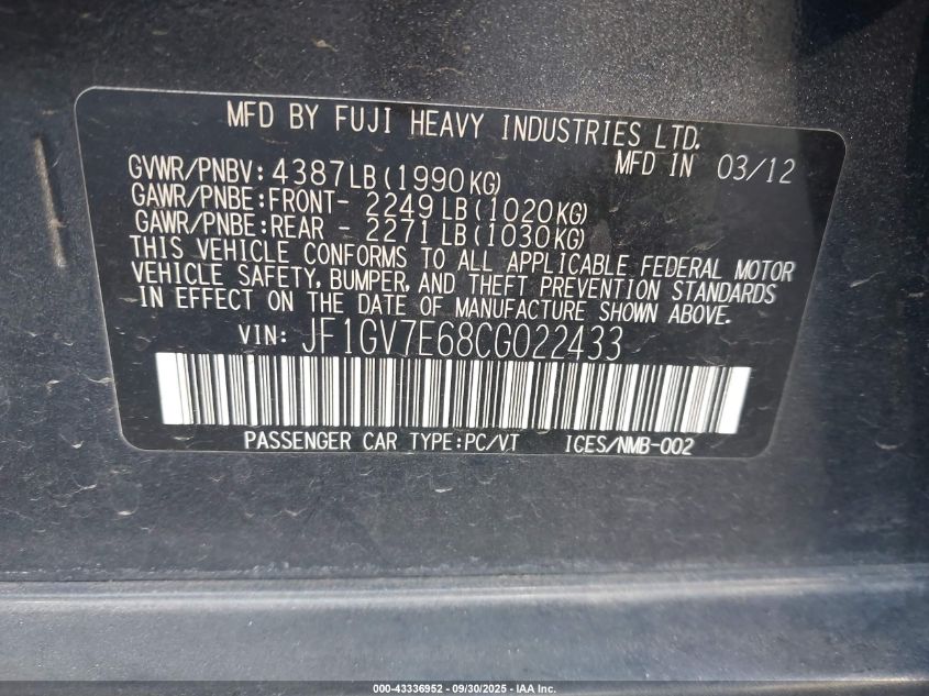 2012 Subaru Impreza Wrx VIN: JF1GV7E68CG022433 Lot: 43336952