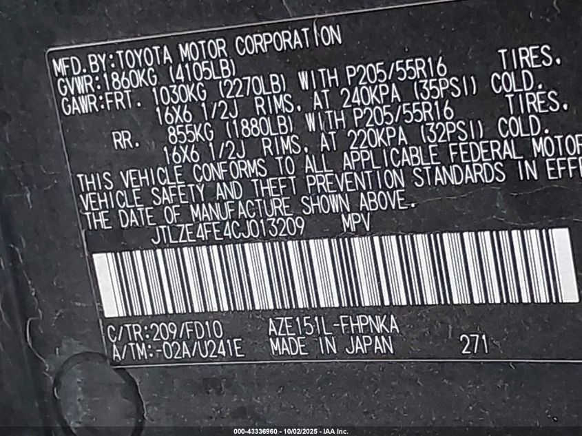 2012 Scion Xb VIN: JTLZE4FE4CJ013209 Lot: 43336960