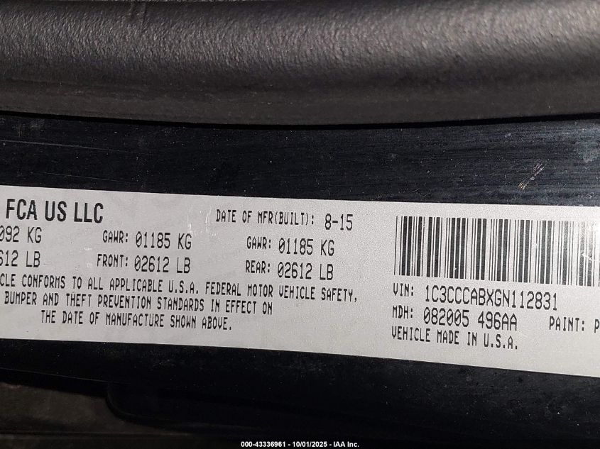 2016 Chrysler 200 Limited VIN: 1C3CCCABXGN112831 Lot: 43336961