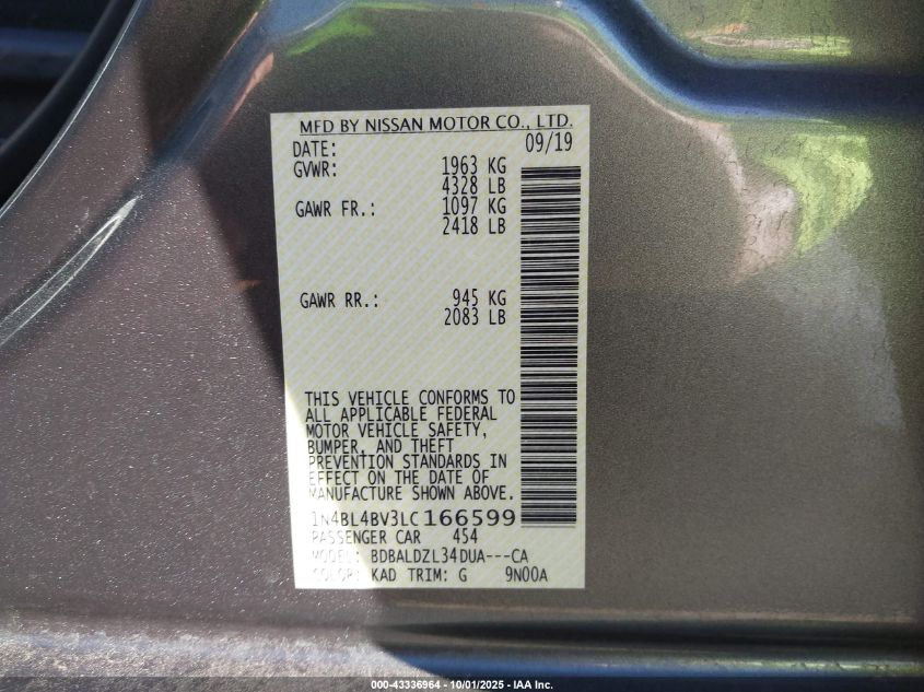 2020 Nissan Altima S Fwd VIN: 1N4BL4BV3LC166599 Lot: 43336964