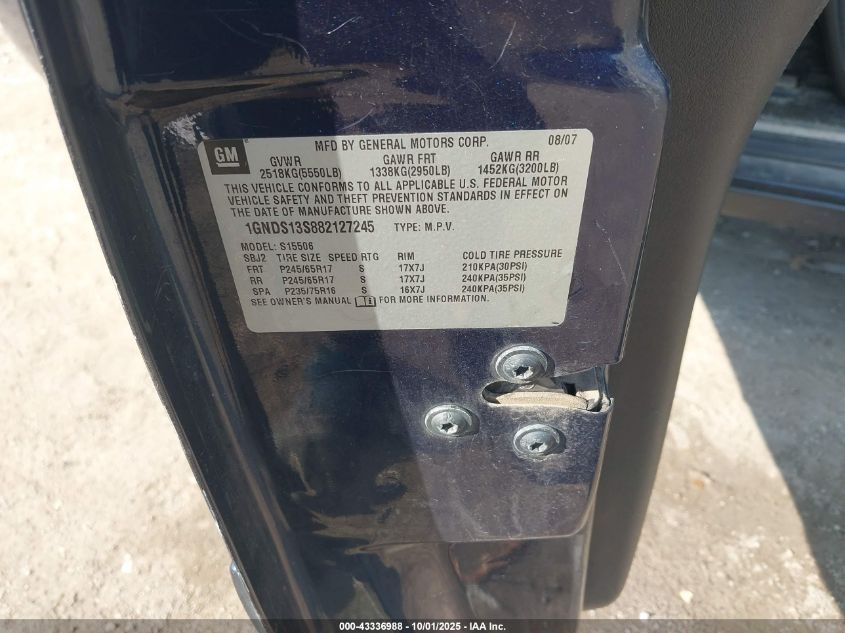 2008 Chevrolet Trailblazer Lt VIN: 1GNDS13S882127245 Lot: 43336988