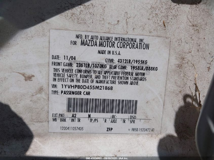 2005 Mazda Mazda6 S Grand Touring VIN: 1YVHP80D455M21868 Lot: 43336991