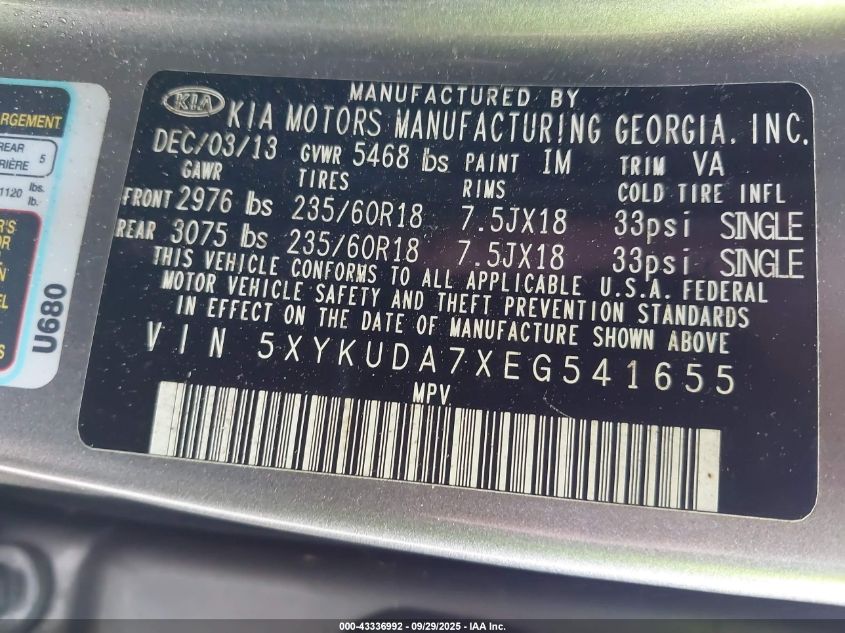 2014 Kia Sorento Ex V6 VIN: 5XYKUDA7XEG541655 Lot: 43336992