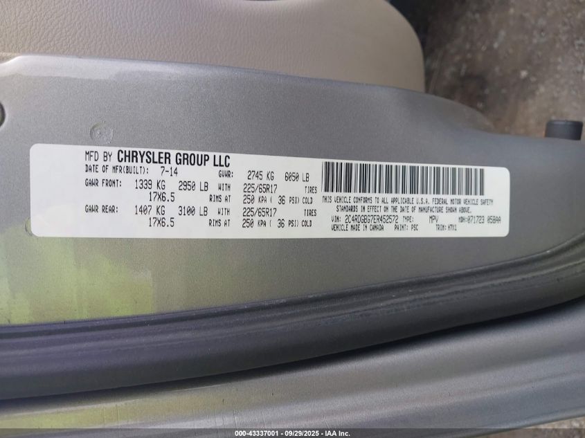 2014 Dodge Grand Caravan American Value Pkg VIN: 2C4RDGBG7ER452572 Lot: 43337001