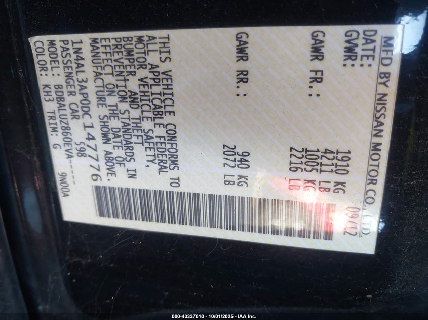 2013 Nissan Altima 2.5 Sv VIN: 1N4AL3AP0DC147776 Lot: 43337010