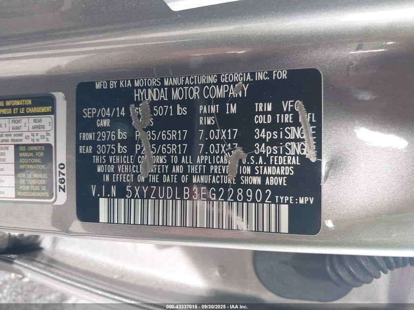 2014 HYUNDAI SANTA FE SPORT 2.4L 5XYZUDLB3EG228902