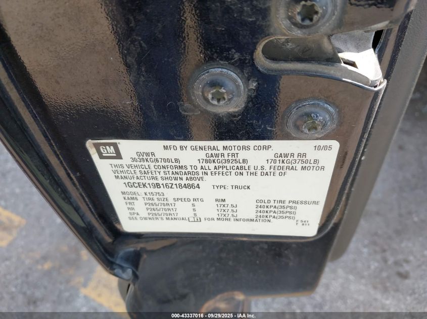 2006 Chevrolet Silverado 1500 Lt2 VIN: 1GCEK19B16Z184864 Lot: 43337016