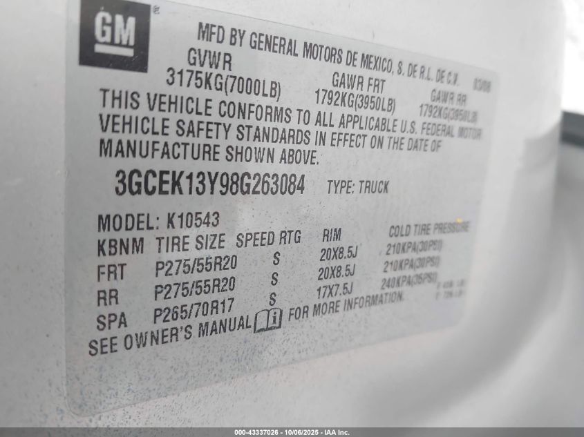 2008 Chevrolet Silverado 1500 Ltz VIN: 3GCEK13Y98G263084 Lot: 43337026