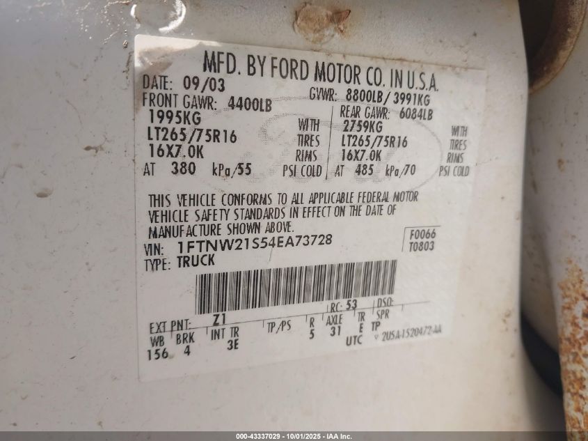 2004 Ford F-250 Lariat/Xl/Xlt VIN: 1FTNW21S54EA73728 Lot: 43337029