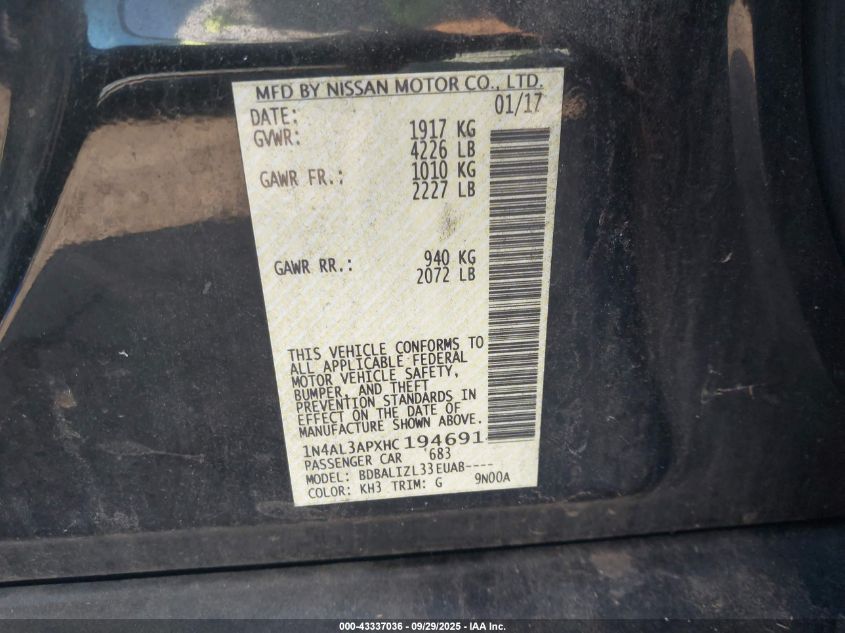 2017 Nissan Altima 2.5 Sv VIN: 1N4AL3APXHC194691 Lot: 43337036