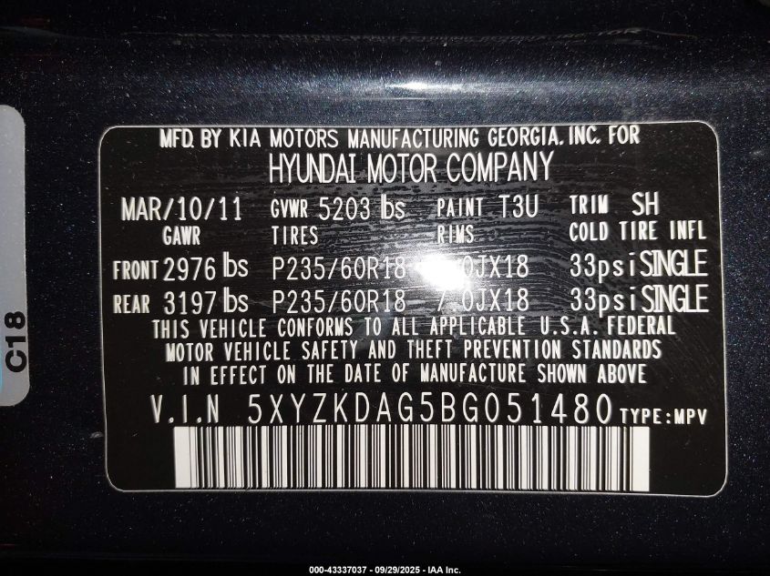 2011 Hyundai Santa Fe Limited V6 VIN: 5XYZKDAG5BG051480 Lot: 43337037