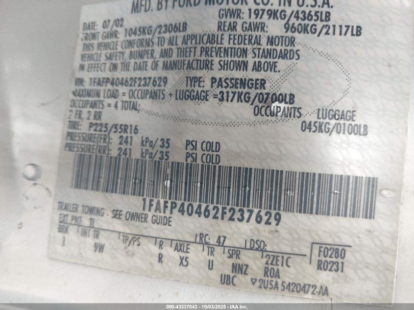 2002 Ford Mustang VIN: 1FAFP40462F237629 Lot: 43337042