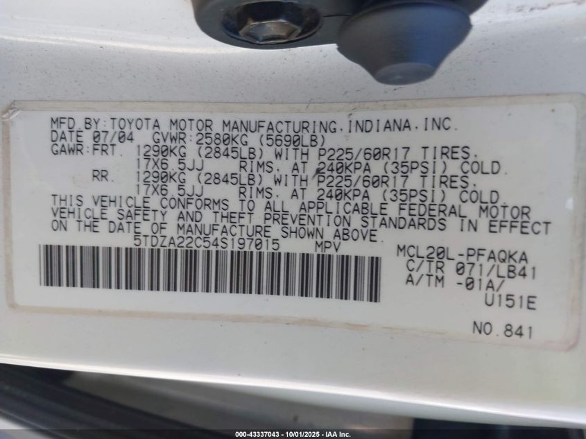 2004 Toyota Sienna Xle Limited VIN: 5TDZA22C54S197015 Lot: 43337043