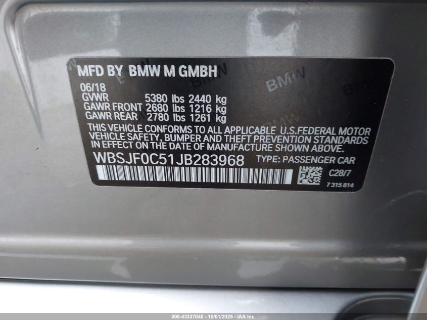 2018 BMW M5 VIN: WBSJF0C51JB283968 Lot: 43337048