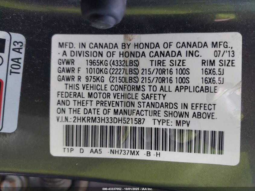 2013 Honda Cr-V Lx VIN: 2HKRM3H33DH521587 Lot: 43337052