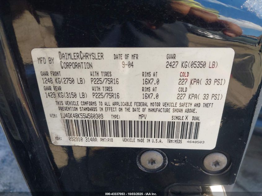 2005 Jeep Liberty Sport VIN: 1J4GK48K55W560309 Lot: 43337053