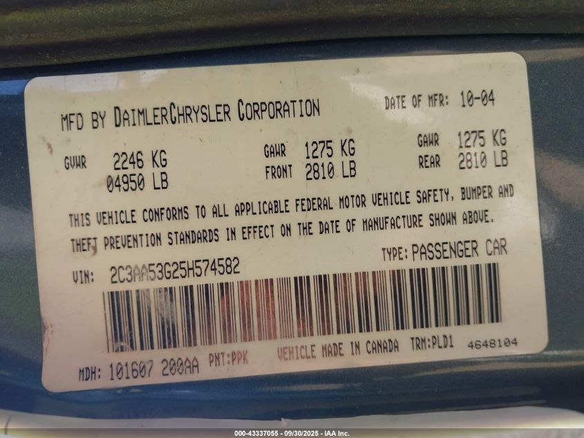 2005 Chrysler 300 Touring VIN: 2C3AA53G25H574582 Lot: 43337055