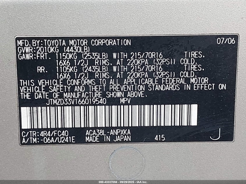 2006 Toyota Rav4 VIN: JTMZD33V166019540 Lot: 43337056