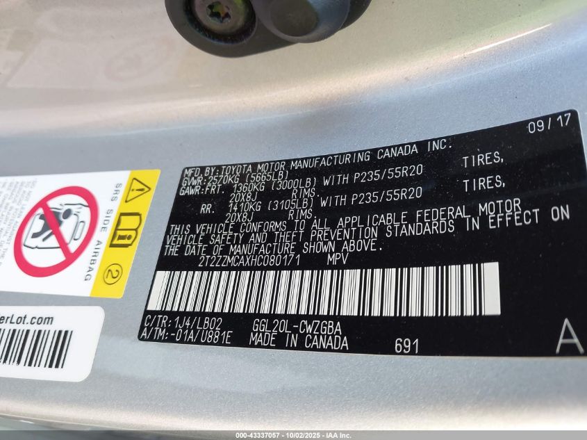 2017 Lexus Rx 350 VIN: 2T2ZZMCAXHC080171 Lot: 43337057