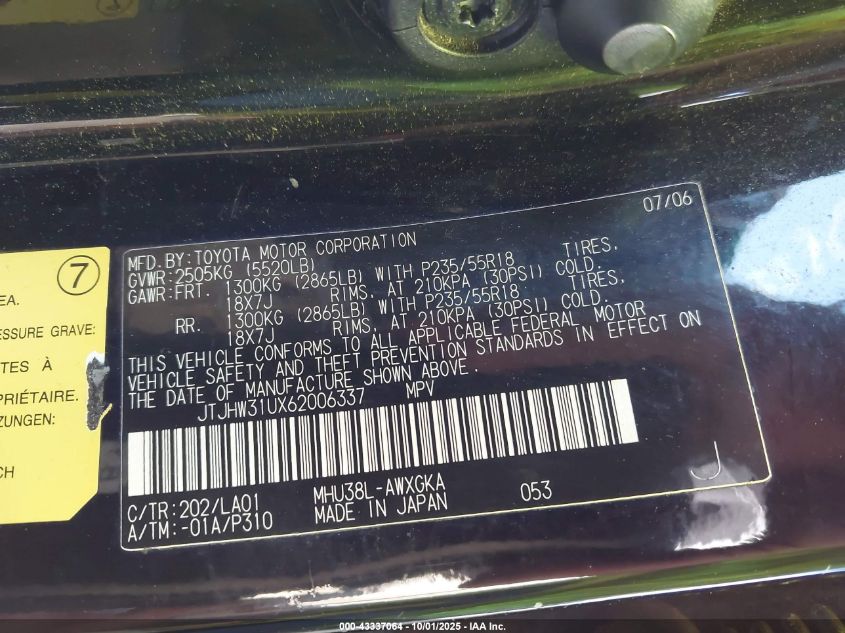 2006 Lexus Rx 400H VIN: JTJHW31UX62006337 Lot: 43337064