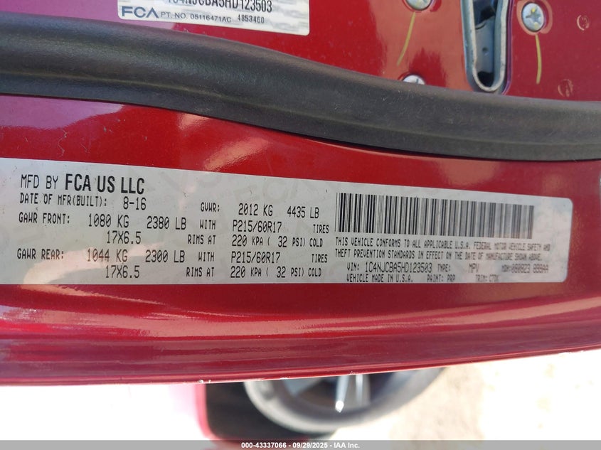 2017 JEEP COMPASS SPORT - 1C4NJCBA5HD123503