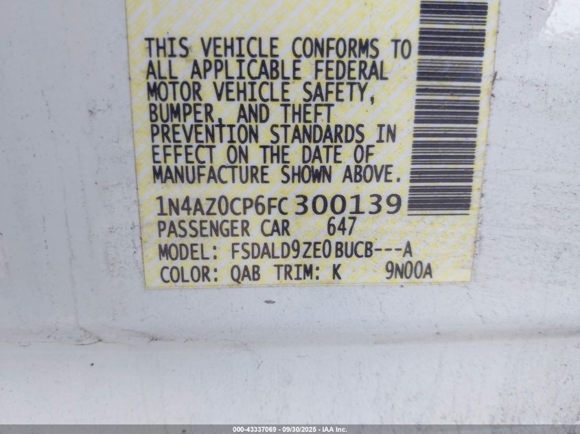 2015 Nissan Leaf Sv VIN: 1N4AZ0CP6FC300139 Lot: 43337069