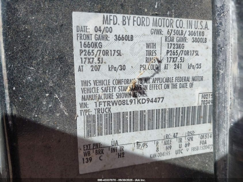2001 Ford F-150 King Ranch Edition/Lariat/Xlt VIN: 1FTRW08L91KD94477 Lot: 43337070