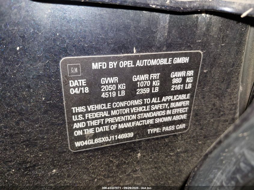 2018 Buick Regal Sportback Preferred VIN: W04GL6SX0J1146939 Lot: 43337071