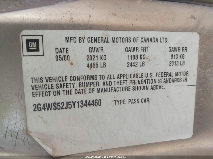 2000 Buick Century Custom VIN: 2G4WS52J5Y1344460 Lot: 43337072