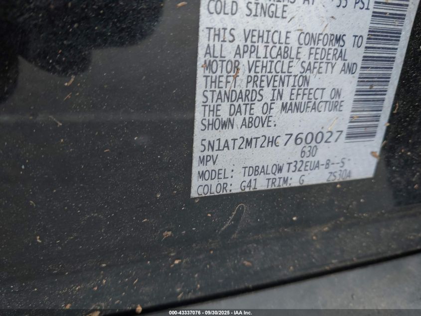 2017 Nissan Rogue Sv VIN: 5N1AT2MT2HC760027 Lot: 43337076