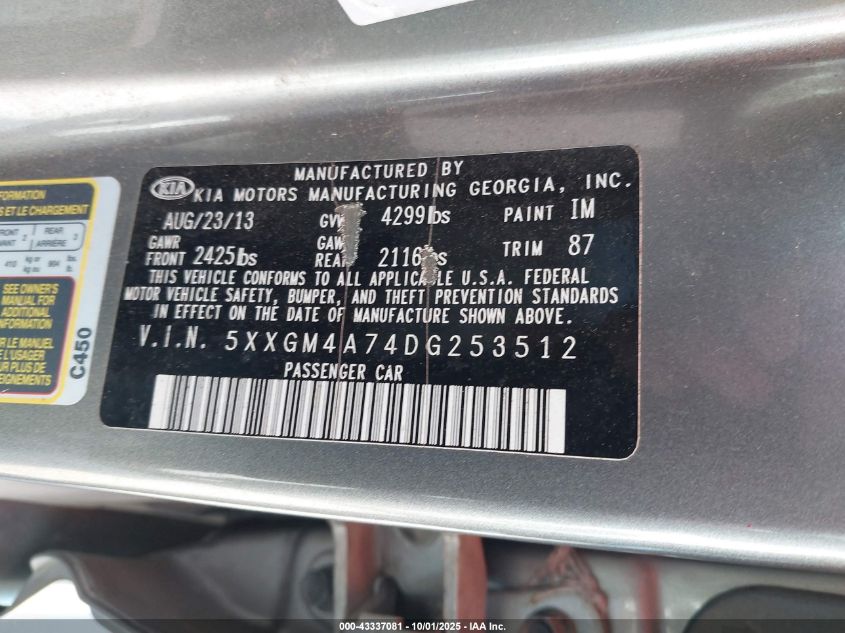 2013 Kia Optima Lx VIN: 5XXGM4A74DG253512 Lot: 43337081