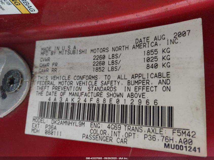 2008 Mitsubishi Eclipse Gs VIN: 4A3AK24F88E012966 Lot: 43337085