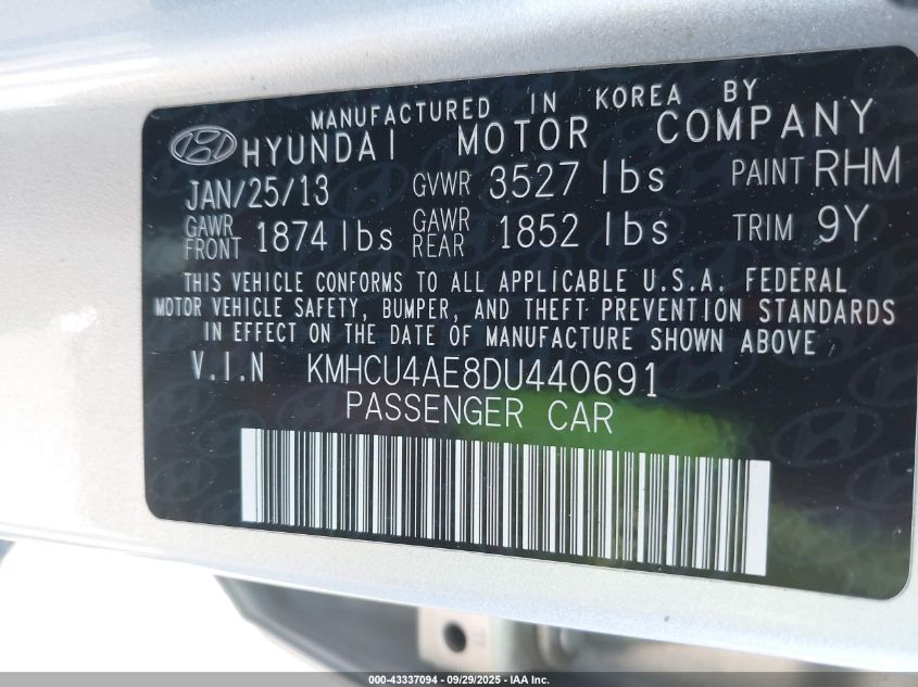 2013 Hyundai Accent Gls VIN: KMHCU4AE8DU440691 Lot: 43337094