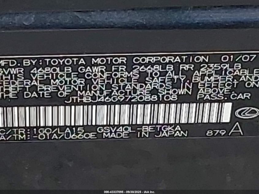 2007 Lexus Es 350 VIN: JTHBJ46G972088108 Lot: 43337095