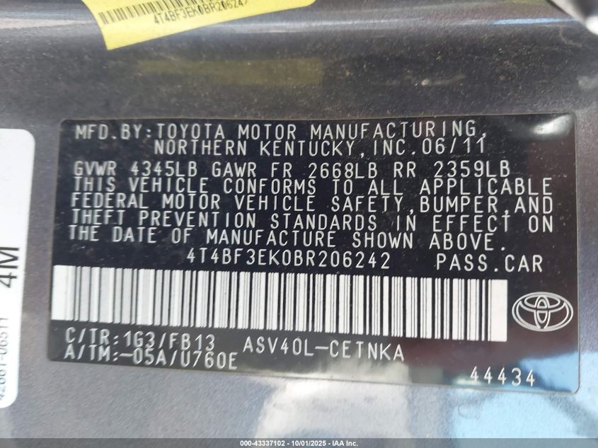 2011 Toyota Camry Le VIN: 4T4BF3EK0BR206242 Lot: 43337102