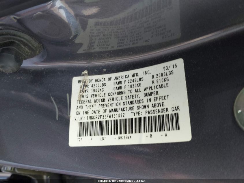 2015 Honda Accord Lx VIN: 1HGCR2F33FA151032 Lot: 43337105