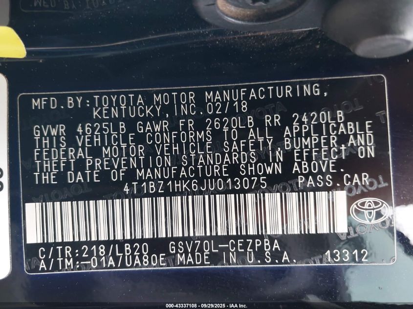 2018 Toyota Camry Xse V6 VIN: 4T1BZ1HK6JU013075 Lot: 43337108