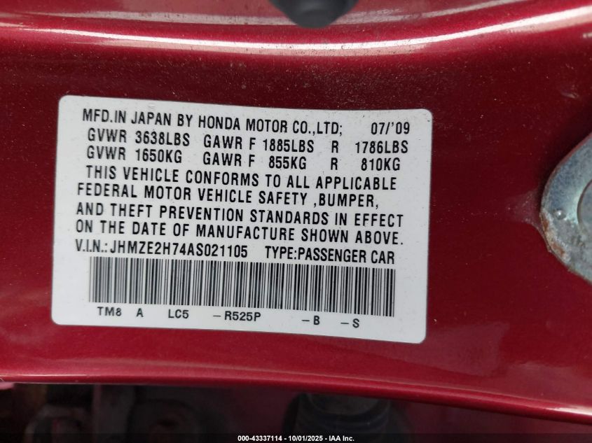 2010 Honda Insight Ex VIN: JHMZE2H74AS021105 Lot: 43337114