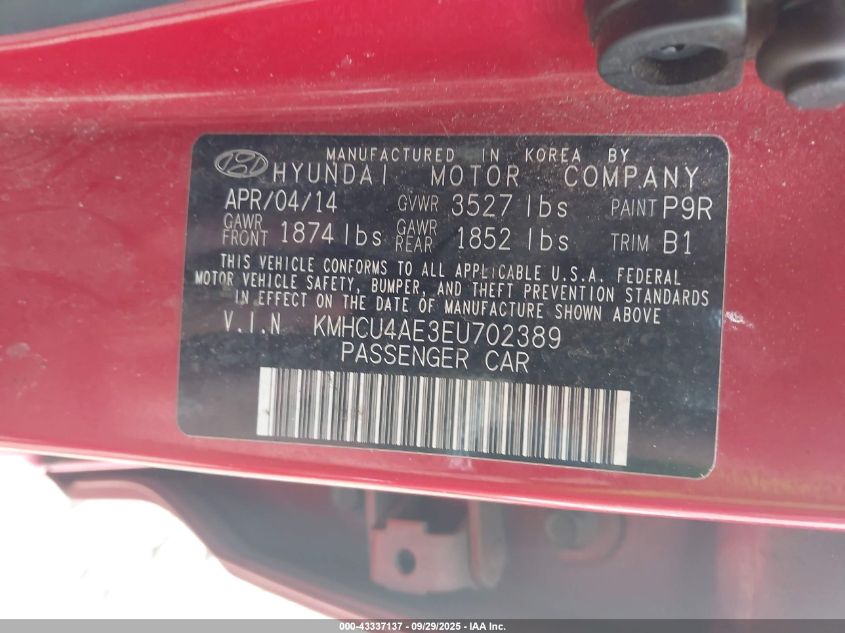 2014 Hyundai Accent Gls VIN: KMHCU4AE3EU702389 Lot: 43337137