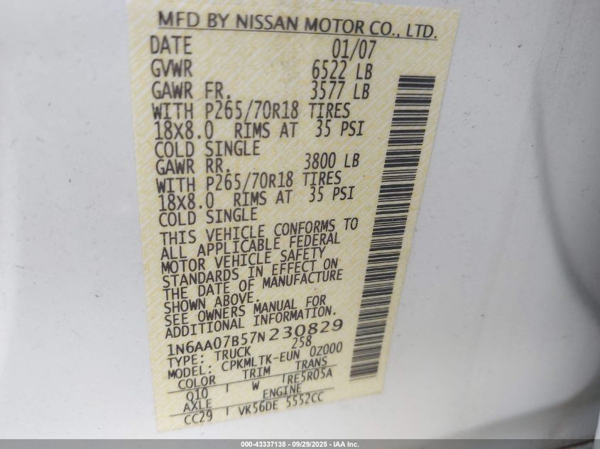 2007 Nissan Titan Se VIN: 1N6AA07B57N230829 Lot: 43337138