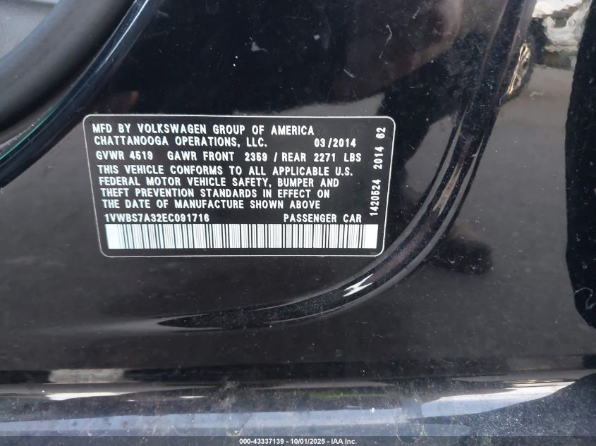 2014 Volkswagen Passat 1.8T Se VIN: 1VWBS7A32EC091716 Lot: 43337139