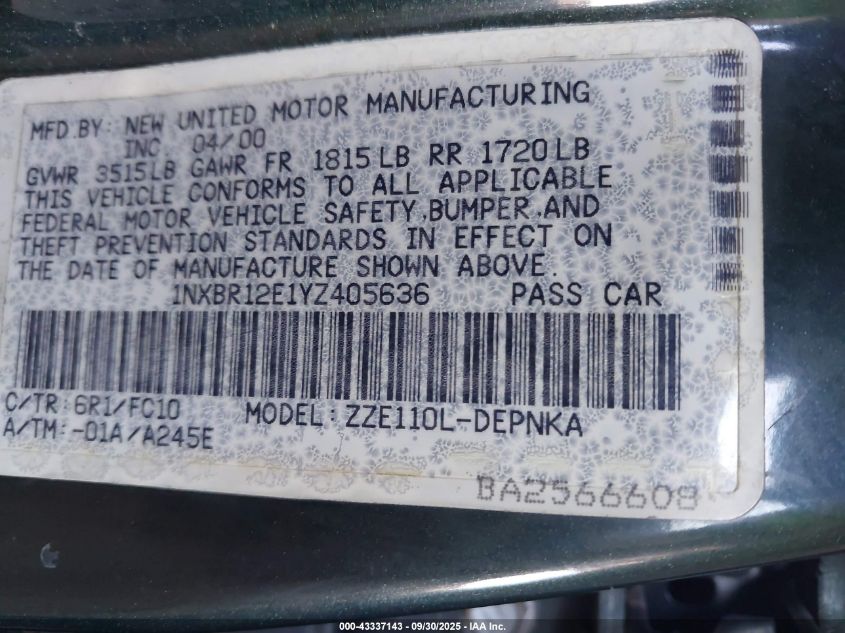 2000 Toyota Corolla Le VIN: 1NXBR12E1YZ405636 Lot: 43337143