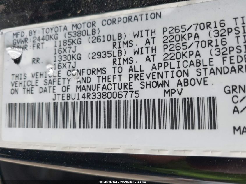 2003 Toyota 4Runner Sr5 V6 VIN: JTEBU14R338006775 Lot: 43337144